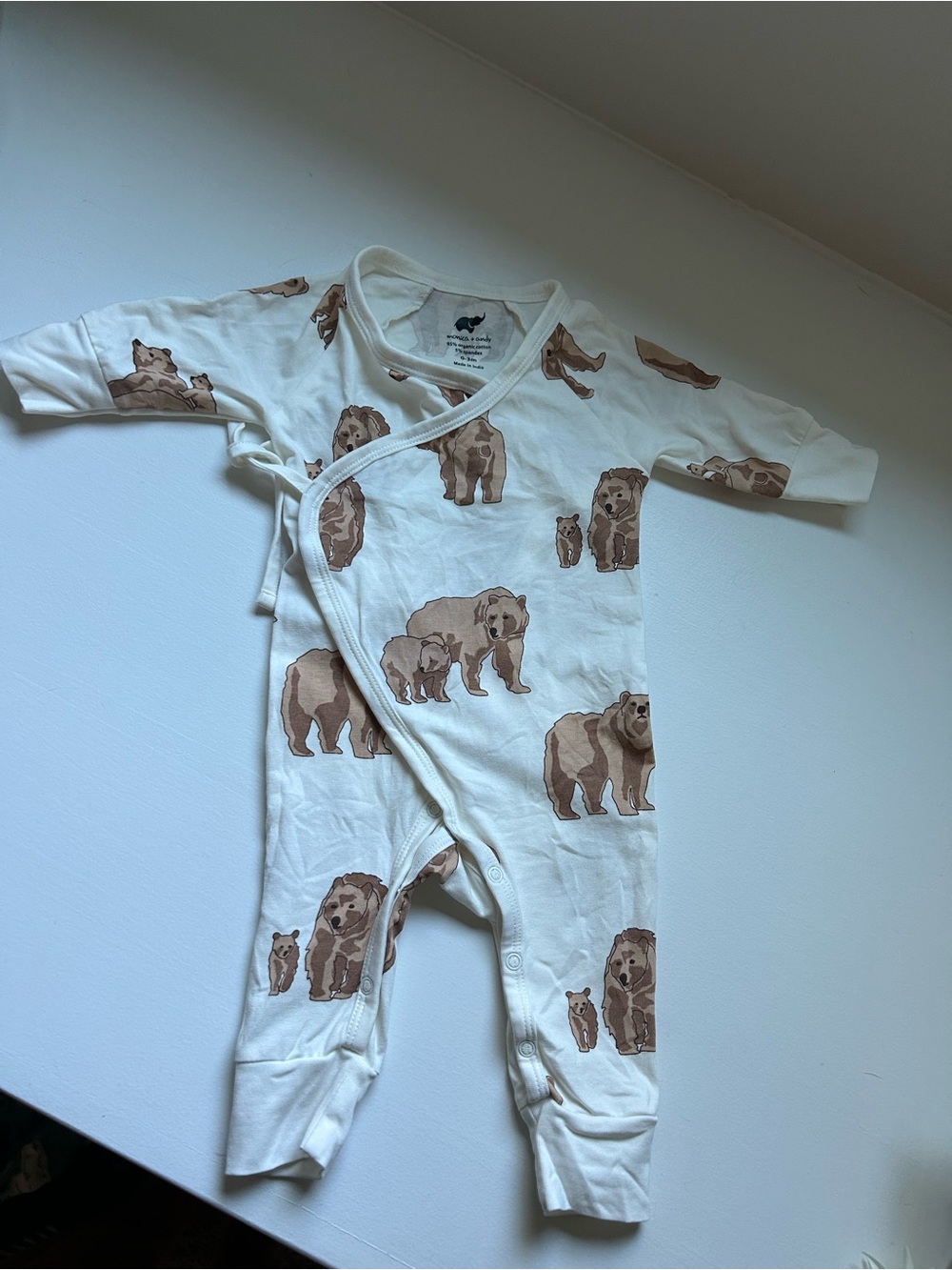 Organic Cotton Bear Print Footed One-Piece - Cream/Brown